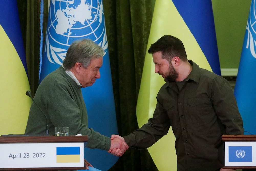 UN Secretary-General Antonio Guterres and Ukraine's President Volodymyr Zelenskiy shake hands at a joint news conference, as Russia's attack on Ukraine continues, in Kyiv, Ukraine April 28, 2022. u00e2u20acu201d Reuters pic