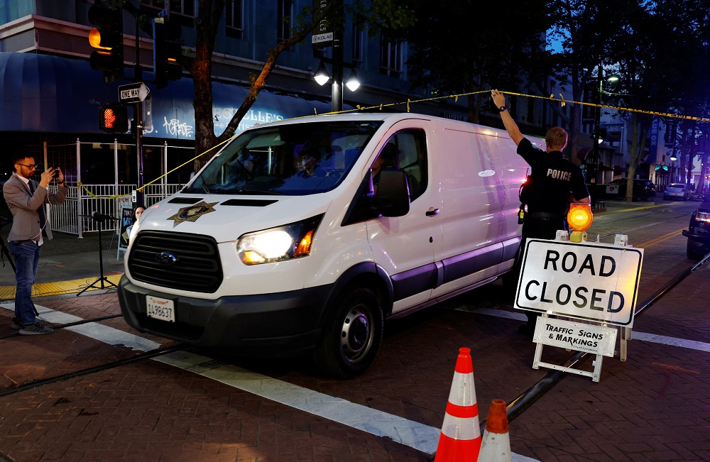 A coroner's van leaves the scene of an early-morning shooting in a stretch of downtown near the Golden 1 Center arena in Sacramento, California April 3, 2022. u00e2u20acu2022 Reuters pic