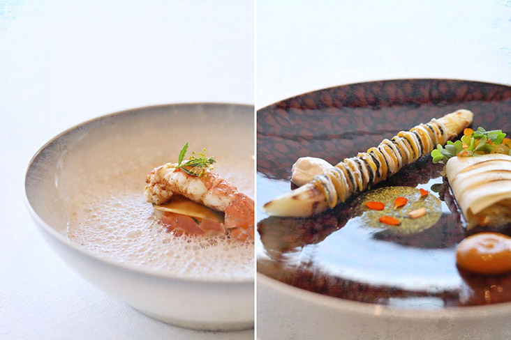 Seasonal delights: Scottish langoustine (left) and Loire Valley white asparagus (right).