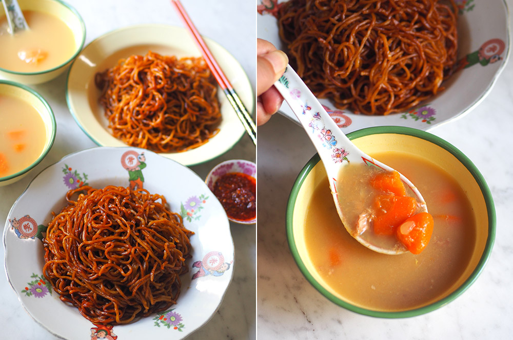If you order just noodles, they give you enough to feed two people with soup and 'sambal' (left). The soup served with the noodles and dumplings is extremely comforting being brewed from chicken and carrots (right).