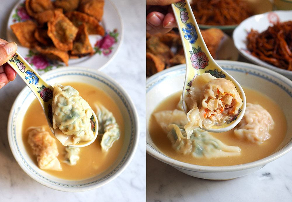 The dumplings are plump and well filled with leek and pork (left). The addition of yam bean and carrots with the pork filling gives the dumpling a nice bite (right).