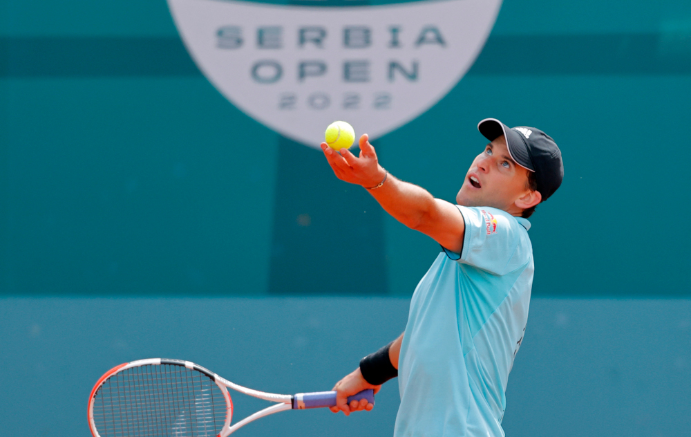 Austriau00e2u20acu2122s Dominic Thiem serves the ball to Australiau00e2u20acu2122s John Millman during their single match at Serbia Tennis Open ATP 250 series tournament in Belgrade, April 19, 2022. u00e2u20acu201d AFP Picnn