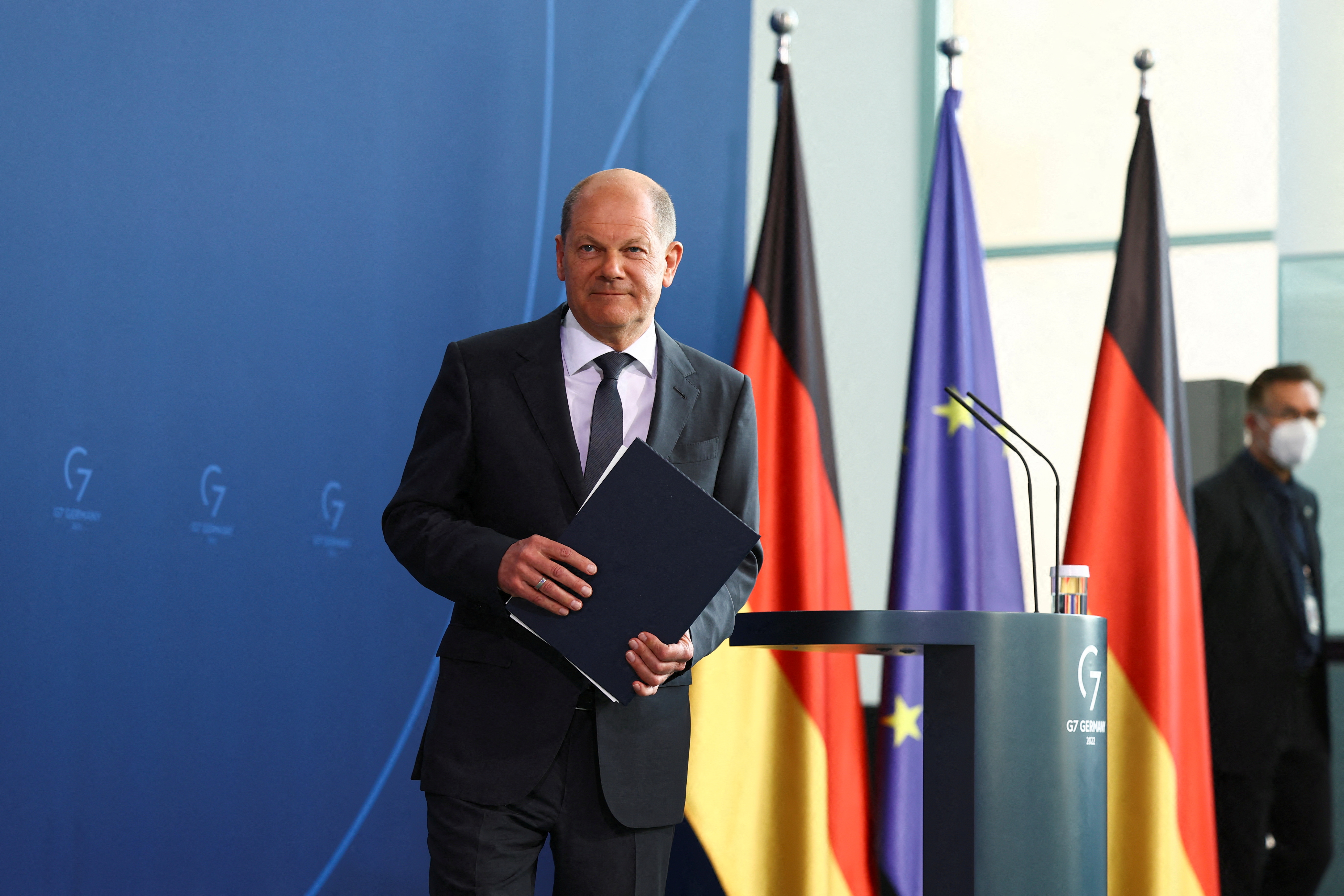 German Chancellor Olaf Scholz leaves after making a statement after talks with European leaders and US President Joe Biden, in Berlin, Germany, April 19, 2022. u00e2u20acu201d Reuters pic
