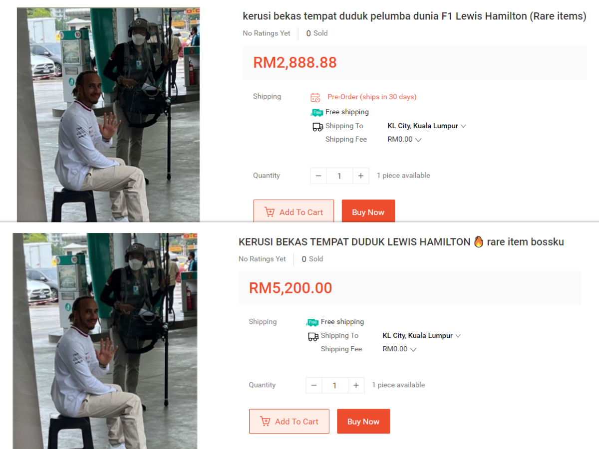 Screenshot of a few sellers on Shopee who’re claiming to sell the kopitiam chair used by Hamilton on his recent visit. — Screenshot via Shopee