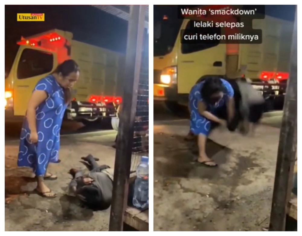 The angry Indonesian woman had no pity for the thief who stole her handphone and started hitting him till he was left on the ground. u00e2u20acu2022 Screengrab via TikTok/utusantvofficial