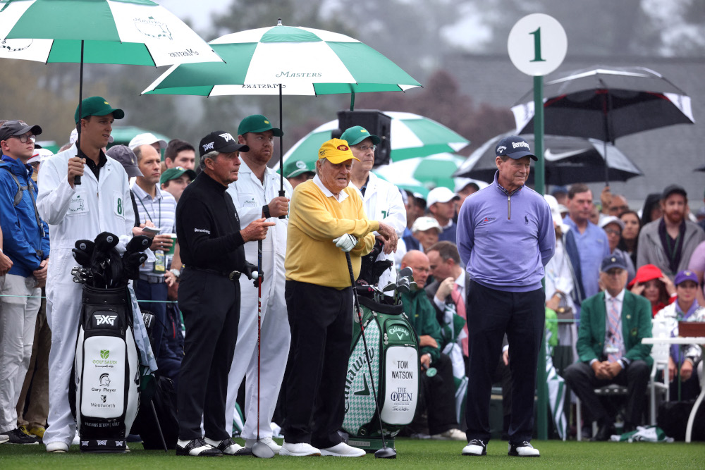 Jack Nicklaus of the US and Tom Watson of the US on the 1st tee before the ceremonial start on the first day of play of the Masters at Augusta National Golf Club in Augusta, Georgia, US,  April 7. u00e2u20acu201d Reuters picnn