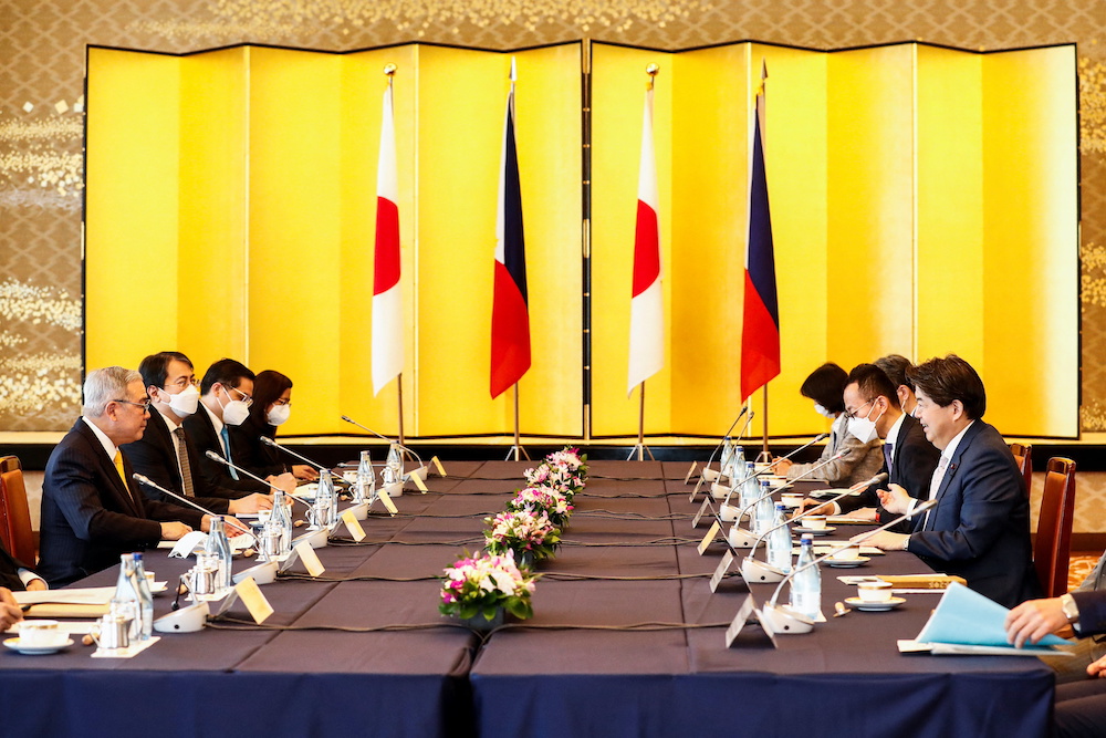 Philippine Foreign Secretary Teodoro Locsin and Japanese Foreign Minister Yoshimasa Hayashi speak during a bilateral meeting at the Iikura Guest House, Tokyo, Japan April 9, 2022. u00e2u20acu201d Reuters picnn