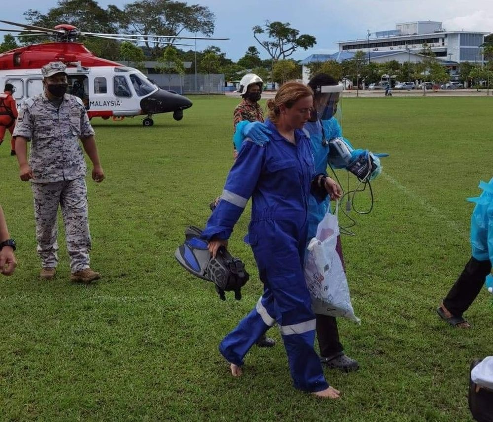 Norwegian diving instructor Kristine Grodem is transported to the Mersing Hospital April 7, 2022. u00e2u20acu201d Picture via Facebook
