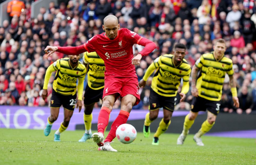Liverpoolu00e2u20acu2122s Fabinho scores their second goal against Watford from the penalty spot during their Premier League match at Anfield, Liverpool,  April 2, 2022. u00e2u20acu201d Reuters pic