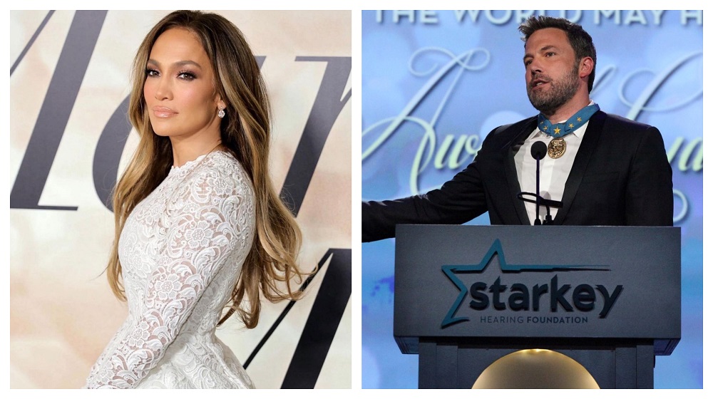 Lopez (left) was surprised after Affleck proposed to her with a green-diamond ring in her 'favourite place on earth'. u00e2u20acu2022 Pictures via Instagram/jlo/facebook/BenAffleck
