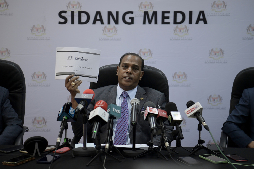 Human Resources Minister Datuk Seri M Saravanan speaks at a press conference at Wisma HRD Corp in Kuala Lumpur, April 12, 2022. u00e2u20acu201d Bernama pic 