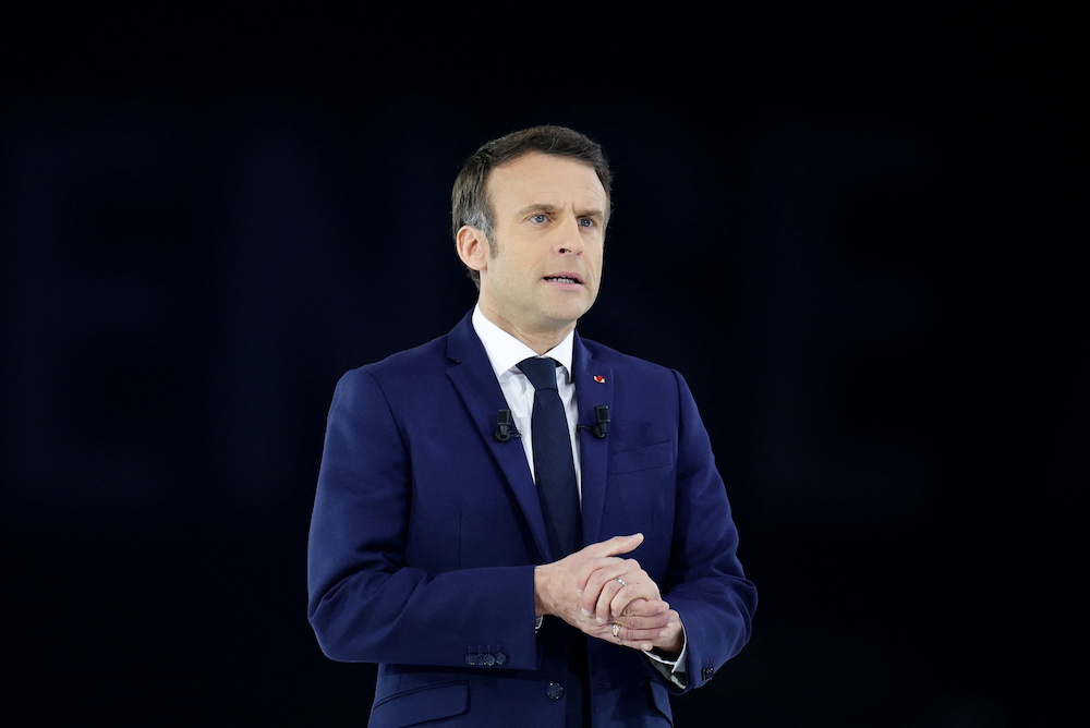French President Emmanuel Macron, candidate for his re-election in the 2022 French presidential election, attends a political campaign rally at Paris La Defense Arena in Nanterre, France, April 2, 2022. u00e2u20acu201d Reuters picnn