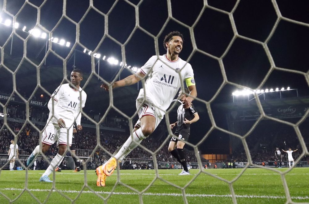 Paris St Germain's Marquinhos celebrates scoring their third goal against Angers at Stade Raymond Kopa, Angers April 20, 2022. u00e2u20acu2022 Reuters pic