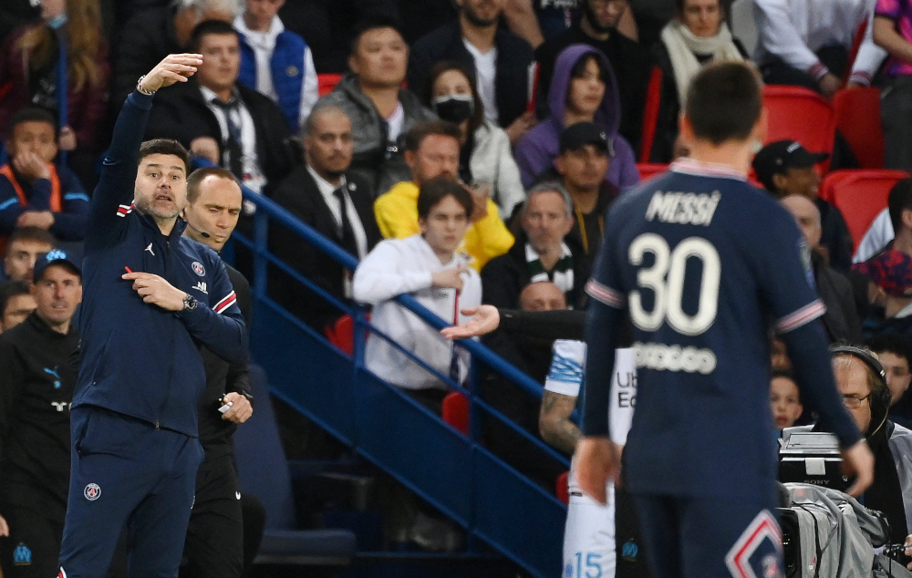 Paris Saint-Germain head coach Mauricio Pochettino reacts during the French L1 match against Olympique de Marseille (OM) at the Parc des Princes stadium in Paris, April 17, 2022. u00e2u20acu201d AFP pic 