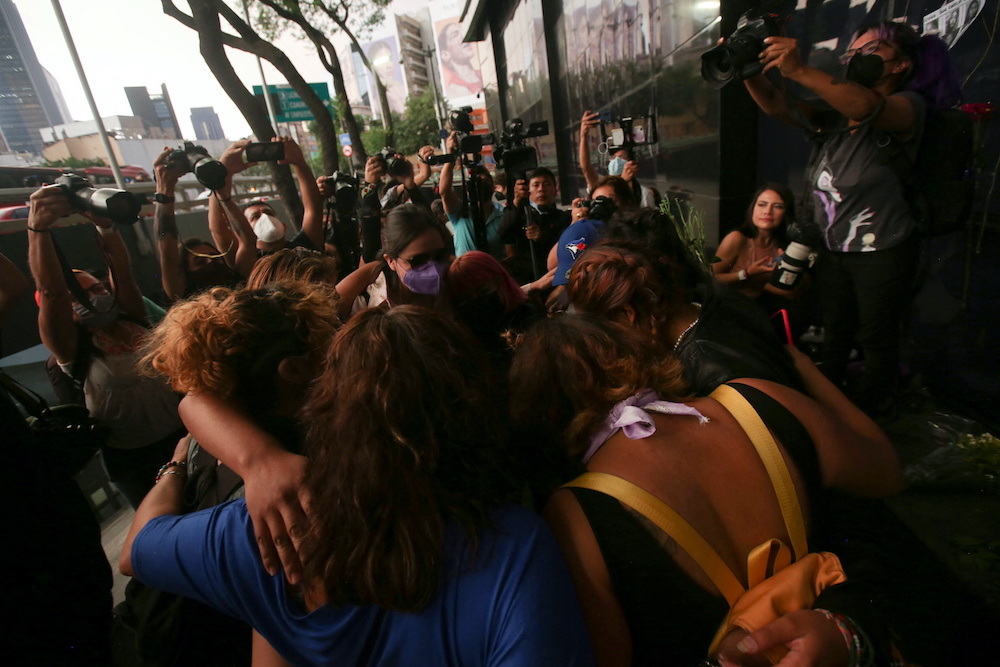 Women embrace during a protest after the death of Debanhi Escobar, an 18-year-old law student who vanished on April 9 amid a spate of disappearances of women in Nuevo Leonu00e2u20acu2122s capital Monterrey, outside the Attorney General Office in Mexico City, Mexico A