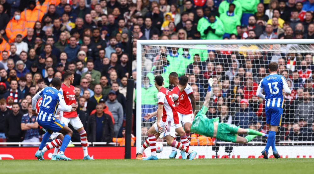Brighton & Hove Albionu00e2u20acu2122s Enock Mwepu scores their second goal against Arsenal at Emirates Stadium, London, April 9, 2022. u00e2u20acu201d Reuters pic