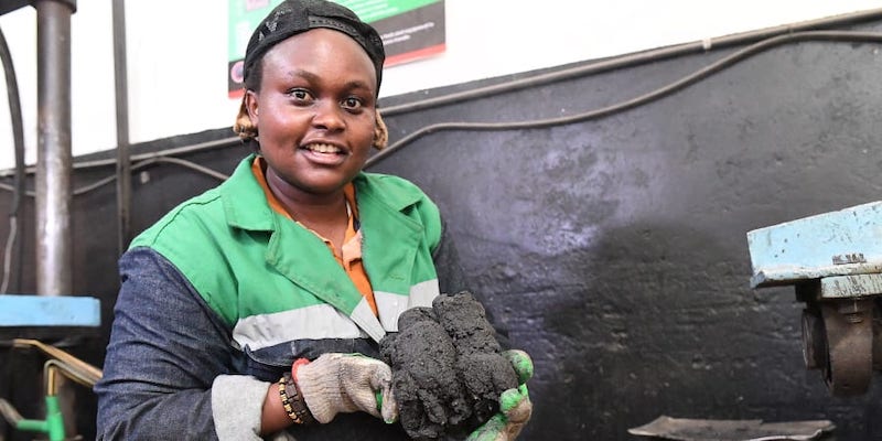 Kenyan Nzambi Matee, entrepreneur and inventor, holds extracted plastic polymer thatu00e2u20acu2122s recycled to make bricks, at the companyu00e2u20acu2122s Gjenge workshop in industrial area in Nairobi u00e2u20acu201d ETX Studio picnn