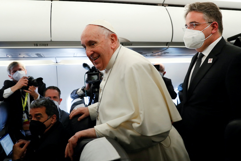 Pope Francis speaks aboard the plane on his way to Malta International Airport, ahead of his apostolic visit in Luqa, Malta, April 2, 2022. u00e2u20acu201d Reuters pic
