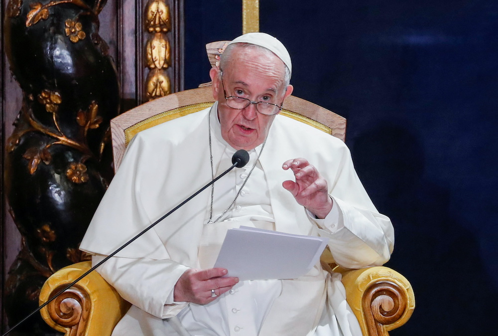 Pope Francis speaks in the u00e2u20acu02dcAmbassadorsu00e2u20acu2122 Chamberu00e2u20acu2122 of the Grand Masteru00e2u20acu2122s Palace in Valletta, Malta, April 2, 2022. u00e2u20acu201d Reutersnn
