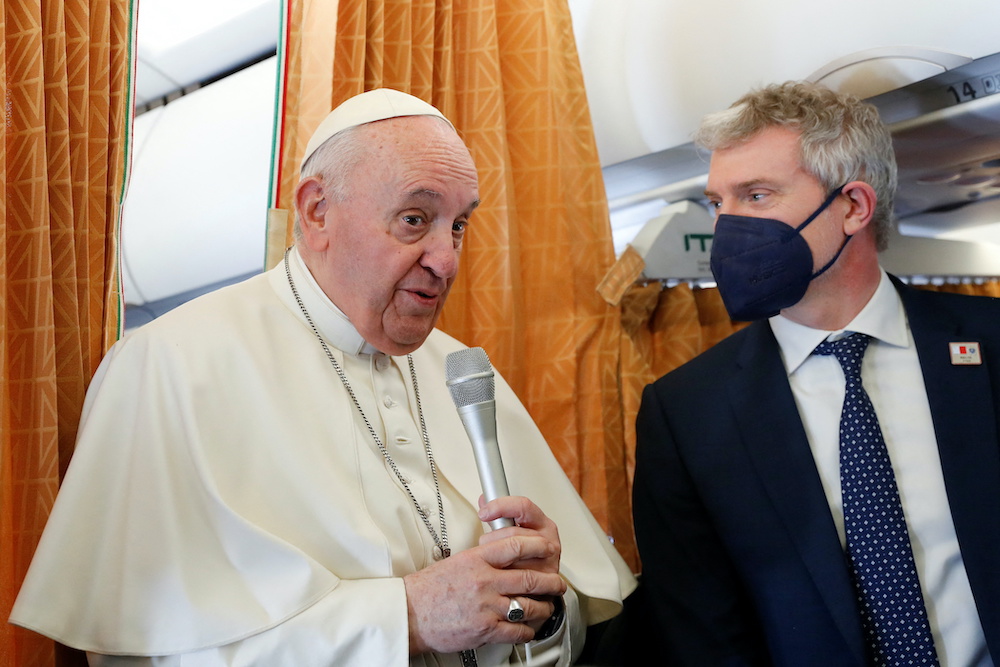 Pope Francis speaks aboard the plane on his way to Malta International Airport, ahead of his apostolic visit in Luqa, Malta, April 2, 2022. u00e2u20acu201d Reuters pic