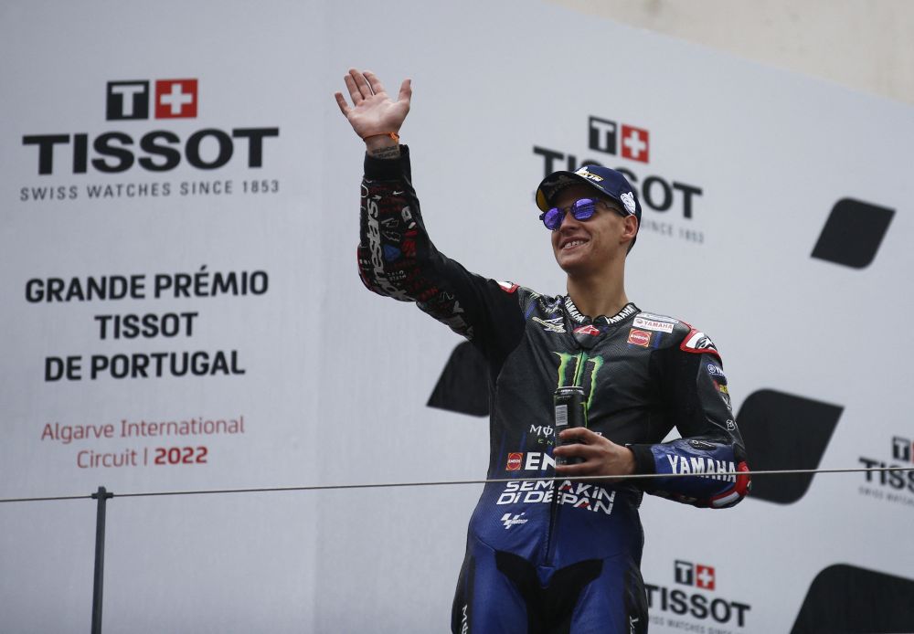 Monster Energy Yamaha MotoGP's Fabio Quartararo celebrates winning the Portuguese Grand Prix at the Algarve International Circuit April 24, 2022. u00e2u20acu201d Reuters pic