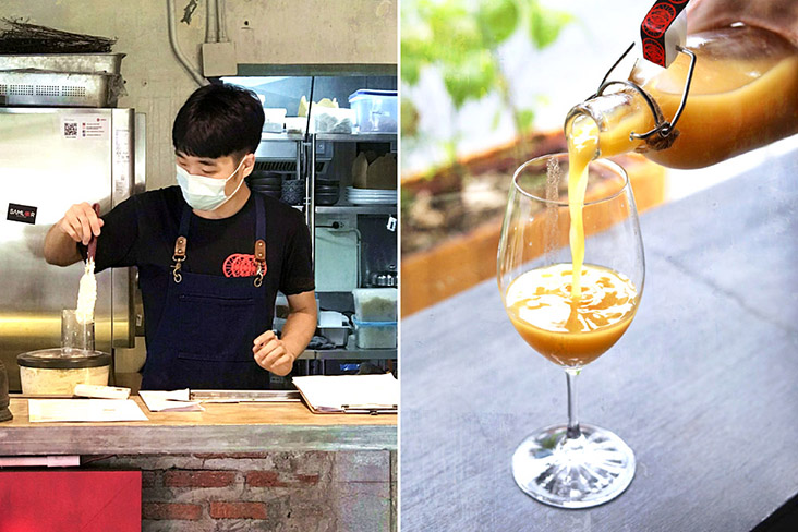 A staff prepares pineapple and 'krachai' (fingerroot) juice.