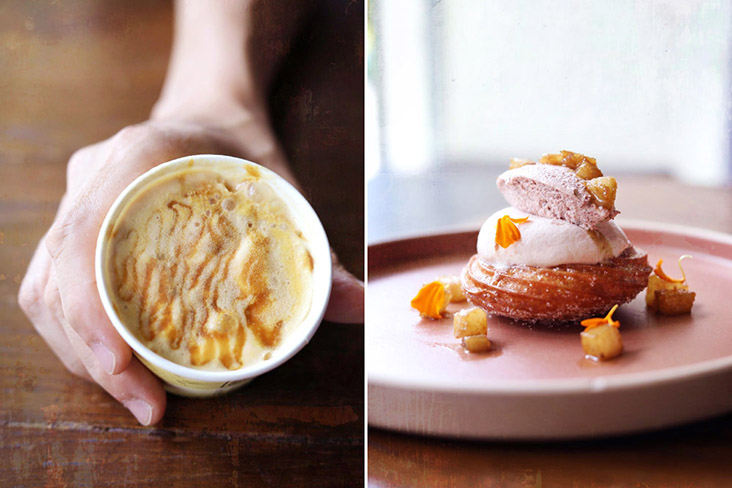 At Yora, desserts can go from a basic cup of ice cream (left) to something more refined (right).