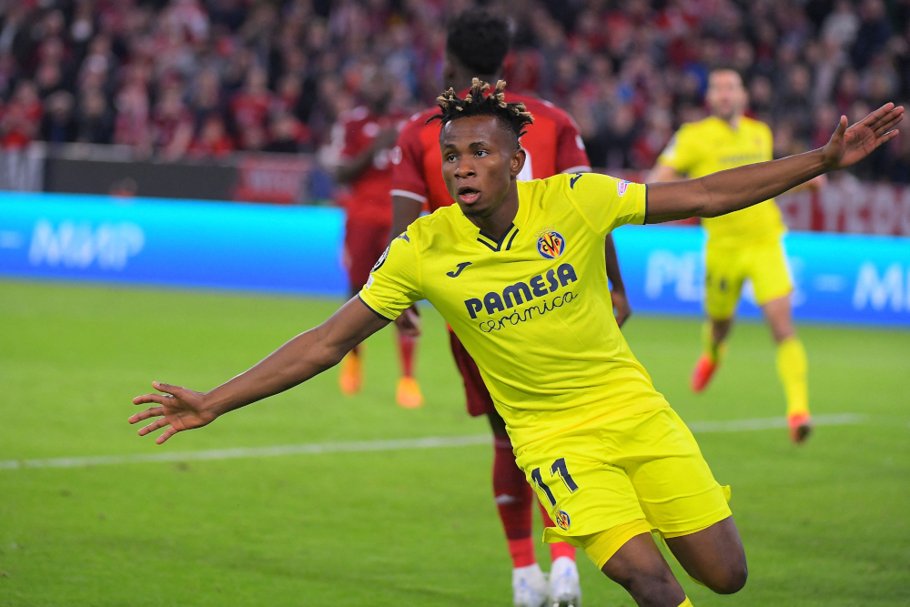 Villarrealu00e2u20acu2122s Nigerian midfielder Samuel Chukwueze celebrates scoring the 1-1 during the Uefa Champions League quarter-final, second leg match against FC Bayern Munich in Munich, April 12, 2022. u00e2u20acu201d AFP pic 