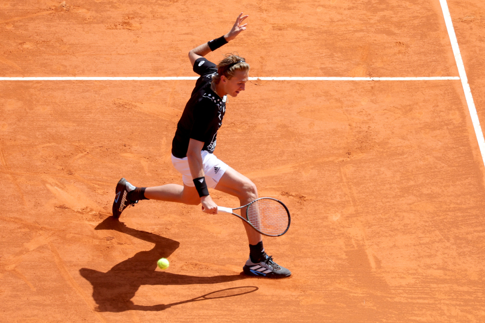 USu00e2u20acu2122 Sebastian Korda returns the ball to Spainu00e2u20acu2122s Carlos Alcaraz Garfia during their Monte Carlo ATP Masters Series tournament tennis match in Monaco, April 13, 2022. u00e2u20acu201d AFP picnn