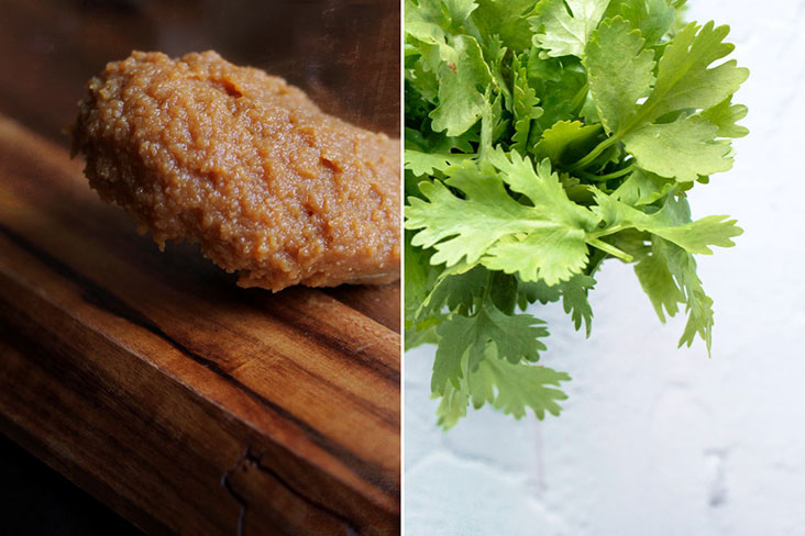 A spoonful of miso or 'doenjang' deepens the umami flavours (left). Garnish with some cilantro (right).