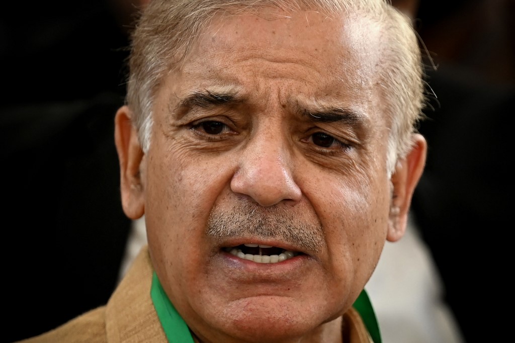 Pakistanu00e2u20acu2122s opposition leader Shehbaz Sharif addresses members of the media before attending a hearing outside the Supreme Court building in Islamabad on April 5, 2022. u00e2u20acu201d AFP pic
