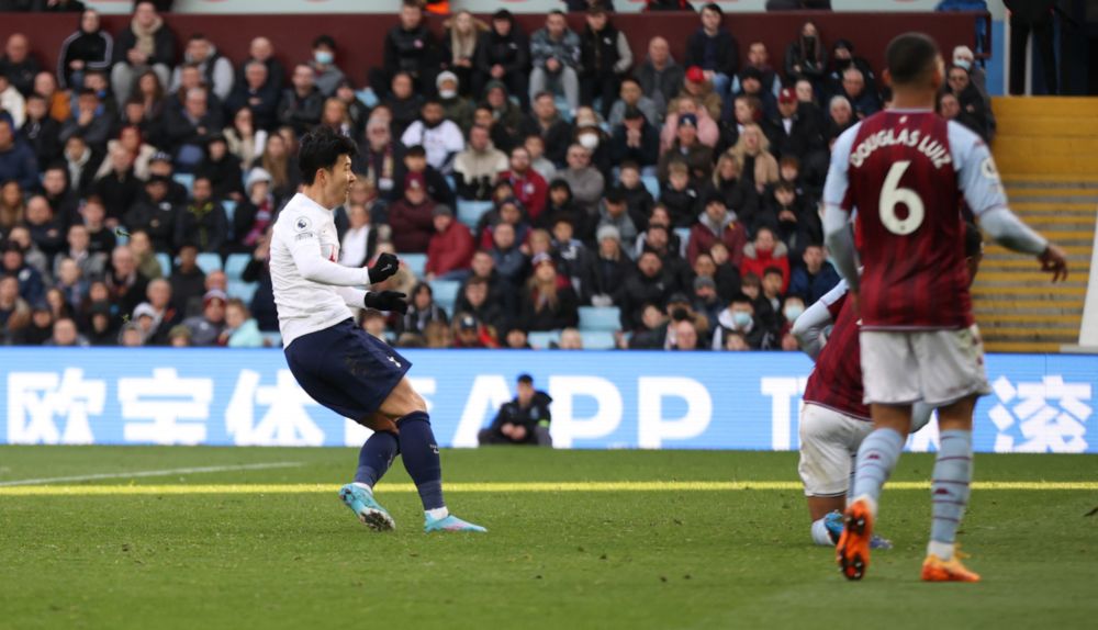 Tottenham Hotspur's Son Heung-min celebrates scoring their fourth goal against Aston Villa to complete his hat-trick during their Premier League match at Villa Park, Birmingham, April 9, 2022. u00e2u20acu201d Action Images via Reuters