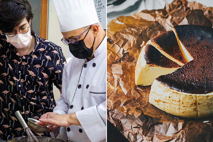 Consulting with French chef Stephane (left). Classic Vanilla Burnt Cheesecake.