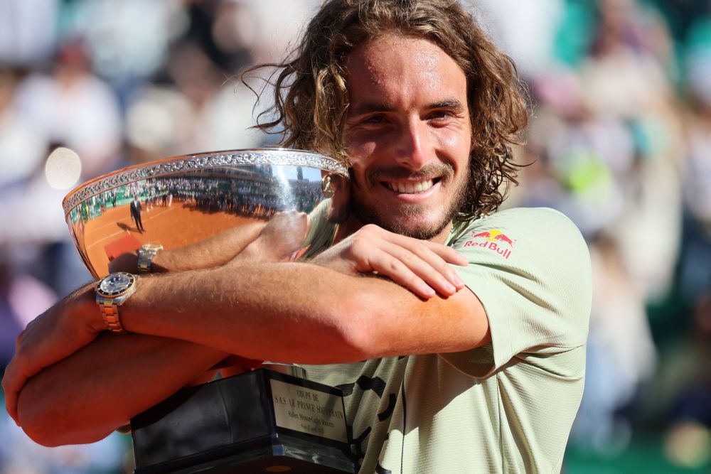 Greeceu00e2u20acu2122s Stefanos Tsitsipas celebrates with trophy after winning the final match against Spainu00e2u20acu2122s Alejandro Davidovich Fokina at the Monte-Carlo Country Club April 17, 2022. u00e2u20acu201d Reuters picnn