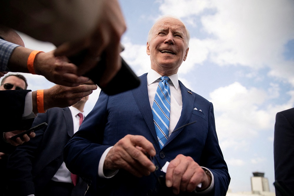US President Joe Biden speaks to reporters before boarding Air Force One at Des Moines International Airport in Des Moines, Iowa April 12, 2022. u00e2u20acu2022 Reuters file pic