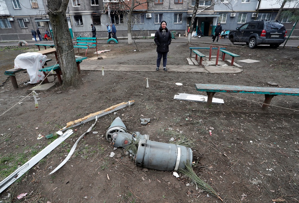 Remains of a missile are seen on the ground near an apartment building damaged during Ukraine-Russia conflict in the southern port city of Mariupol, Ukraine April 12, 2022. u00e2u20acu2022 Reuters pic