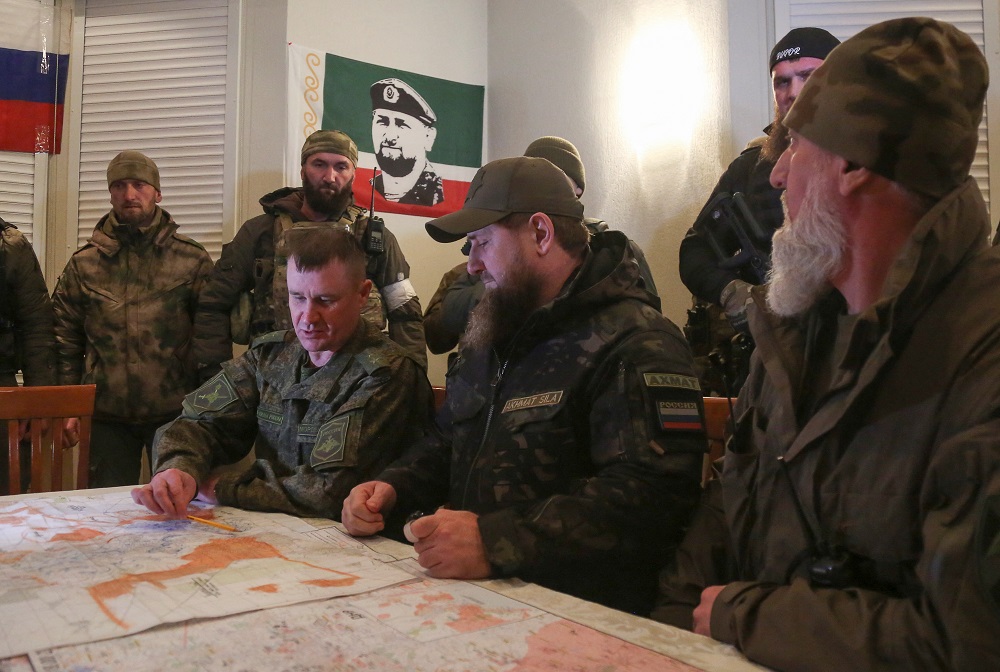 Head of the Chechen Republic Ramzan Kadyrov listens to commander of Russia's 8th combined army of the Southern Military District, Lieutenant General Andrei Mordvichev in the city of Mariupol, Ukraine March 28, 2022. u00e2u20acu2022 Reuters file pic