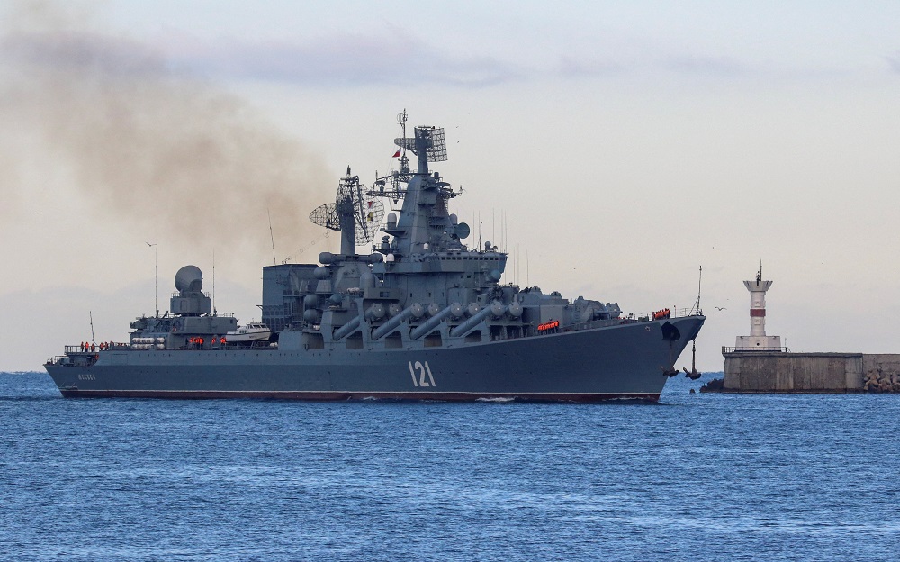 The Russian Navy's guided missile cruiser Moskva sails back into a harbour after tracking Nato warships in the Black Sea, in the port of Sevastopol, Crimea November 16, 2021. u00e2u20acu2022 Reuters file pic