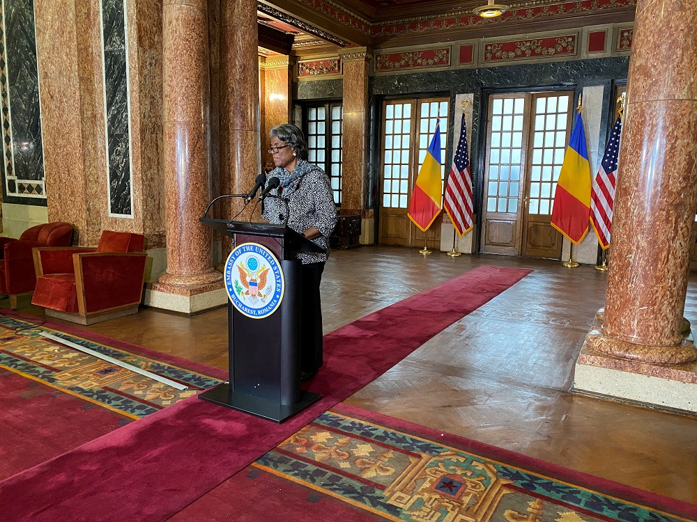 US Ambassador to the United Nations, Linda Thomas-Greenfield, speaks to reporters at Bucharest train station after announcing Washington will seek to suspend Russia from the UN Human Rights Council, in Bucharest, Romania April 4, 2022. u00e2u20acu2022 Reuters file pi