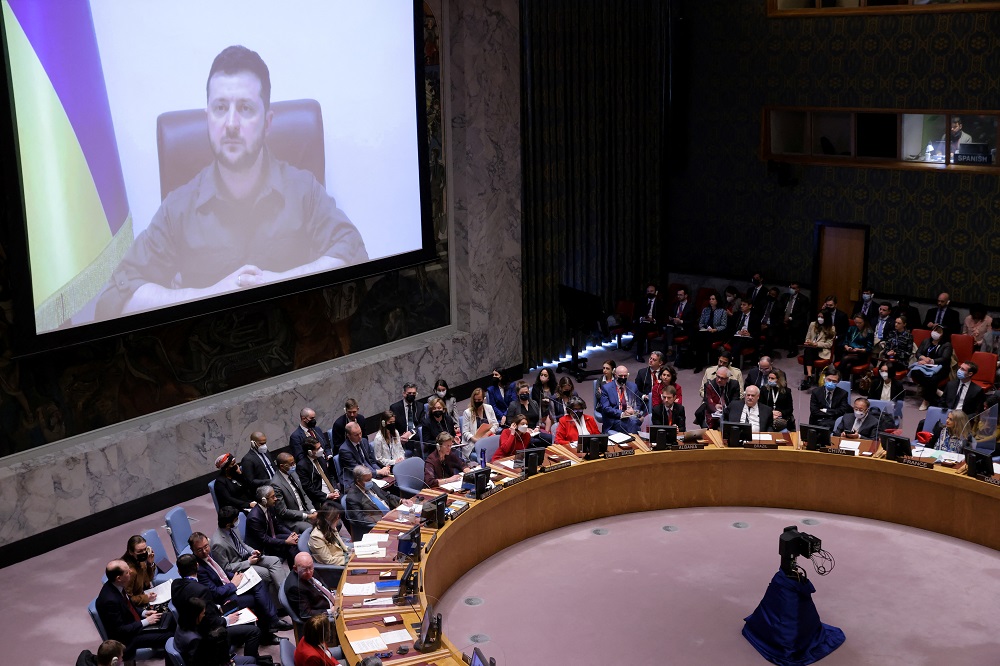 Ukrainian President Volodymyr Zelensky appears on a screen as he addresses the United Nations Security Council via video link during a meeting at the United Nations Headquarters in Manhattan, New York April 5, 2022. u00e2u20acu2022 Reuters pic