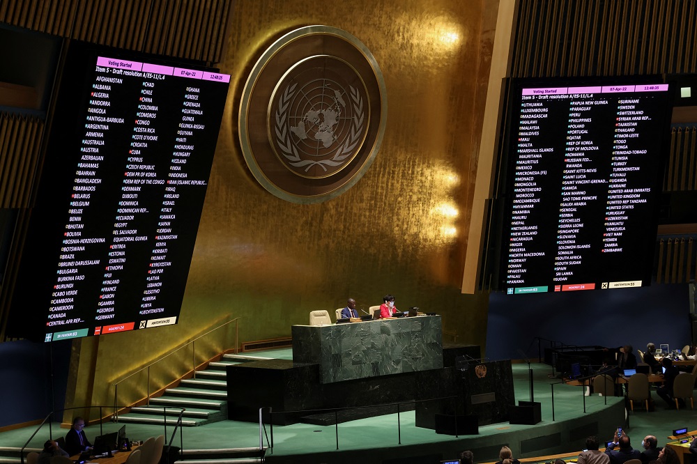 Displays show the list of countries taking part in voting on suspending Russia from United Nations Human Rights Council during an emergency special session of the UN General Assembly in New York April 7, 2022. u00e2u20acu2022 Reuters pic