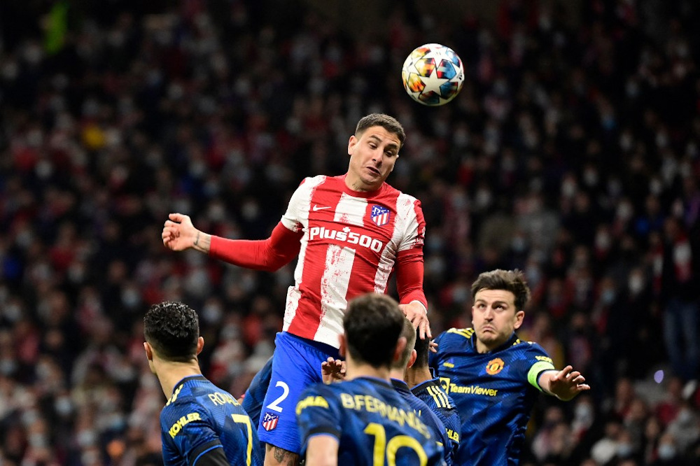 Atletico Madridu00e2u20acu2122s Uruguayan defender Jose Gimenez heads the ball during the Uefa Champions League football match between Atletico de Madrid and Manchester United at the Wanda Metropolitano stadium in Madrid February 23, 2022 . u00e2u20acu201d AFP pic