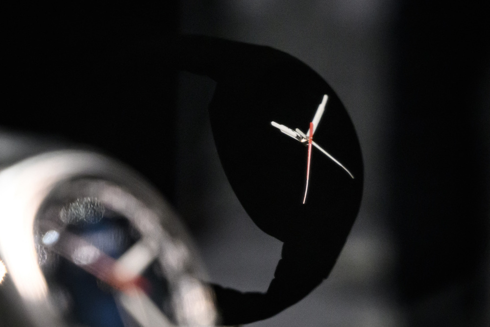 A super-black coating covered watch by Swiss luxury watch manufacturer H. Moser is displayed on the opening day of the Watches and Wonders Geneva show. u00e2u20acu201d AFP pic