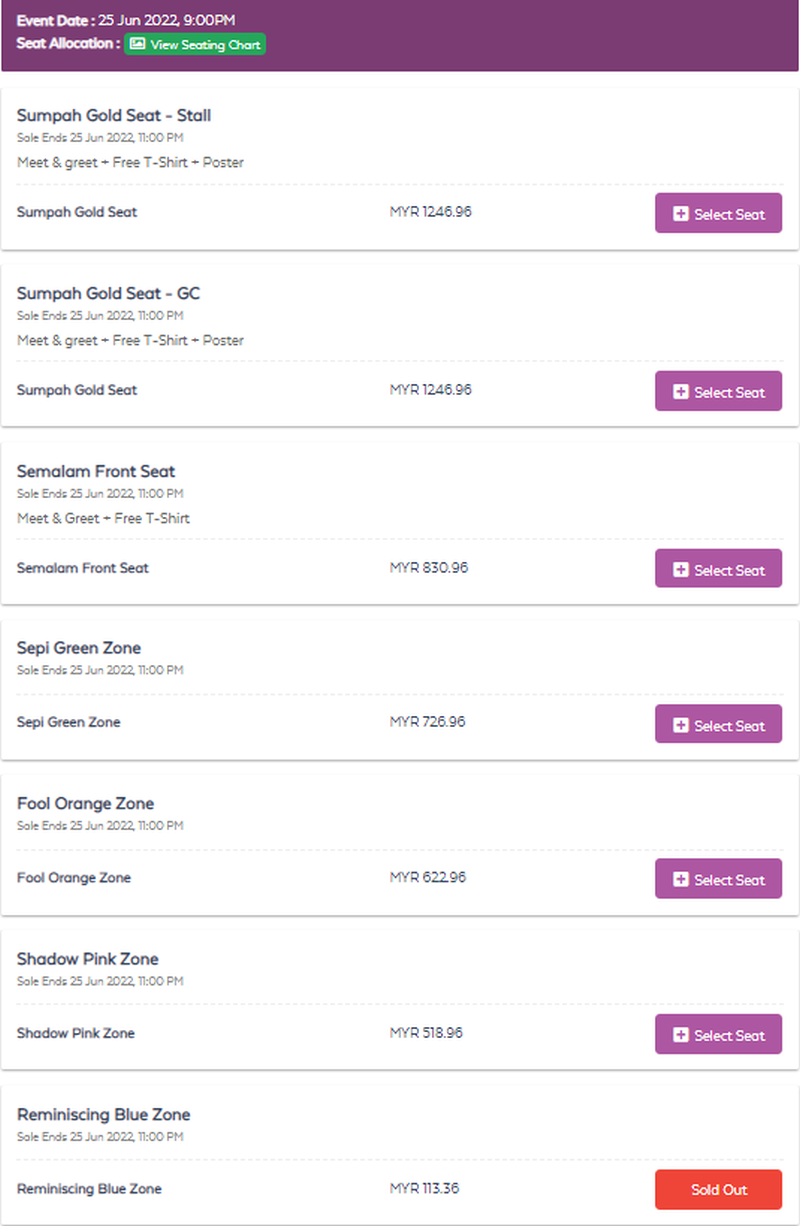 Pricing for the ‘One Night with Aina Abdul 2.0 Live’ concert at Istana Budaya. — Screenshot from ticket2u.com.my 