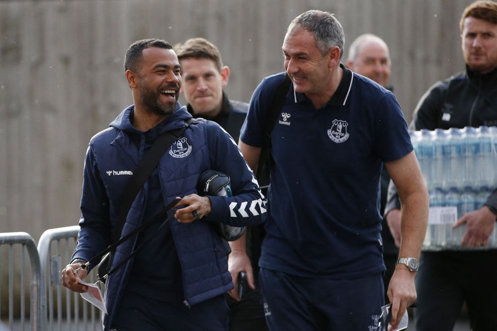 Everton first-team coaches Ashley Cole and Paul Clement arrive at the stadium before the match against Burnley at Turf Moor, Burnley April 6, 2022. u00e2u20acu201d Reuters pic