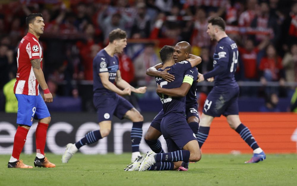 Manchester City's Rodri celebrates with Fernandinho after the match against Atletico Madrid at Wanda Metropolitano, Madrid April 13, 2022. u00e2u20acu201d Reuters pic