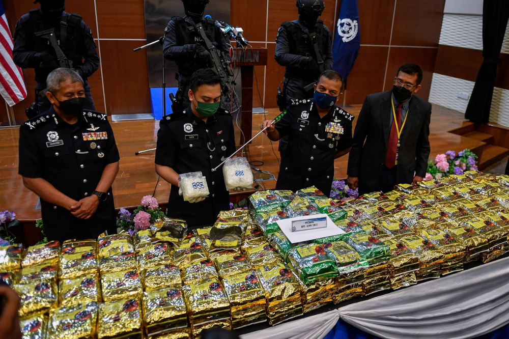Bukit Aman Narcotics CID (NCID) director Datuk Ayob Khan Mydin Pitchay with the seized drugs during a press conference in Bukit Aman, April 25, 2022. u00e2u20acu201d Bernama pic 