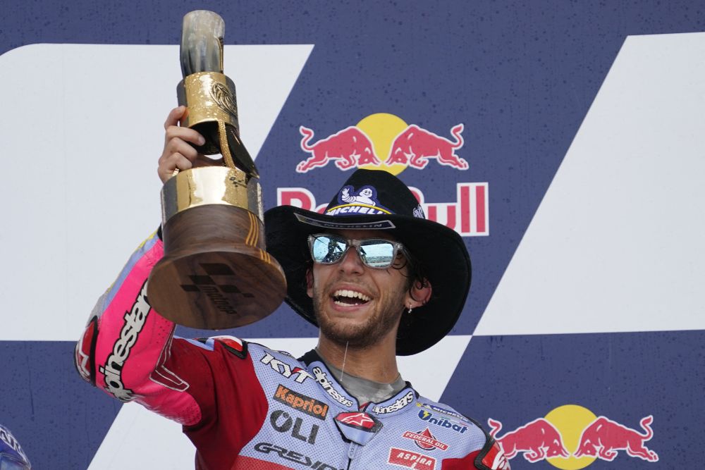 Enea Bastianini celebrates on the podium after winning the MotoGP race at the Red Bull Grand Prix of the Americas MotoGP at Circuit of the Americas in Austin April 10, 2022. u00e2u20acu201d Reuters pic