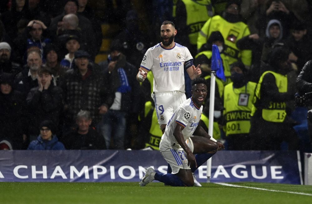 Real Madrid's Karim Benzema celebrates scoring their second goal against Chelsea with Vinicius Junior at Stamford Bridge, London April 6, 2022. u00e2u20acu201d Reuters pic
