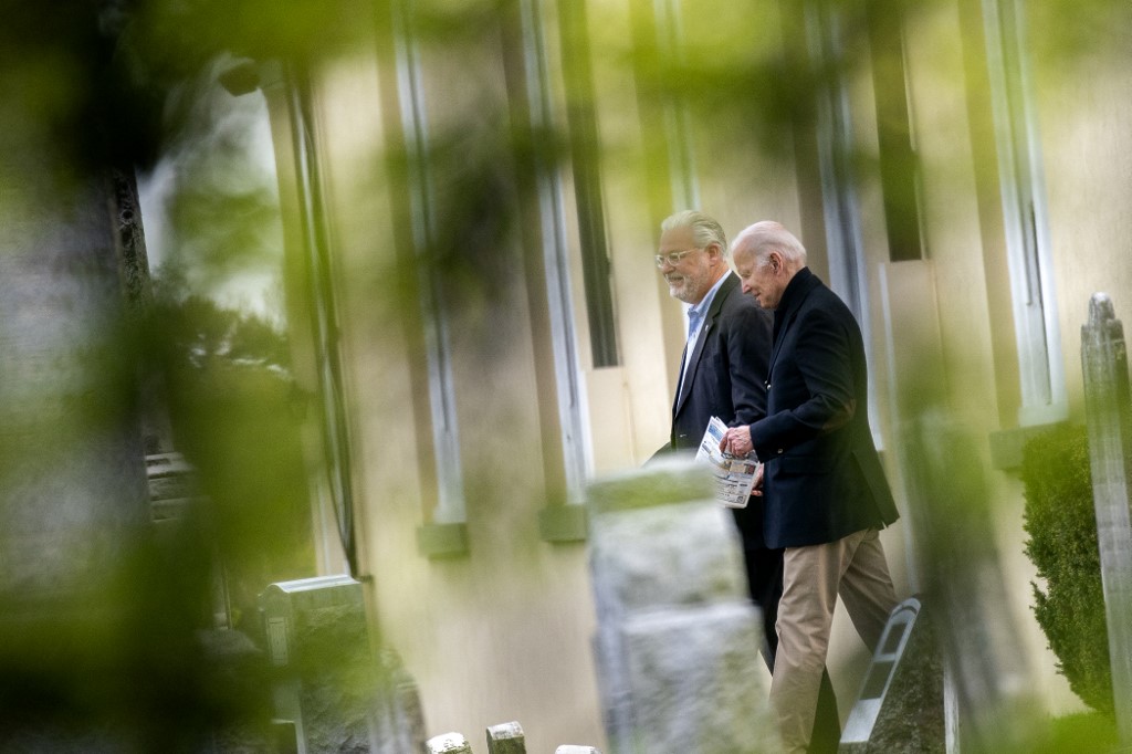 US President Joe Biden (right) departs following mass at Saint Joseph on the Brandywine Roman Catholic Church in Wilmington, Delaware, on April 23, 2022. u00e2u20acu201d AFP pic